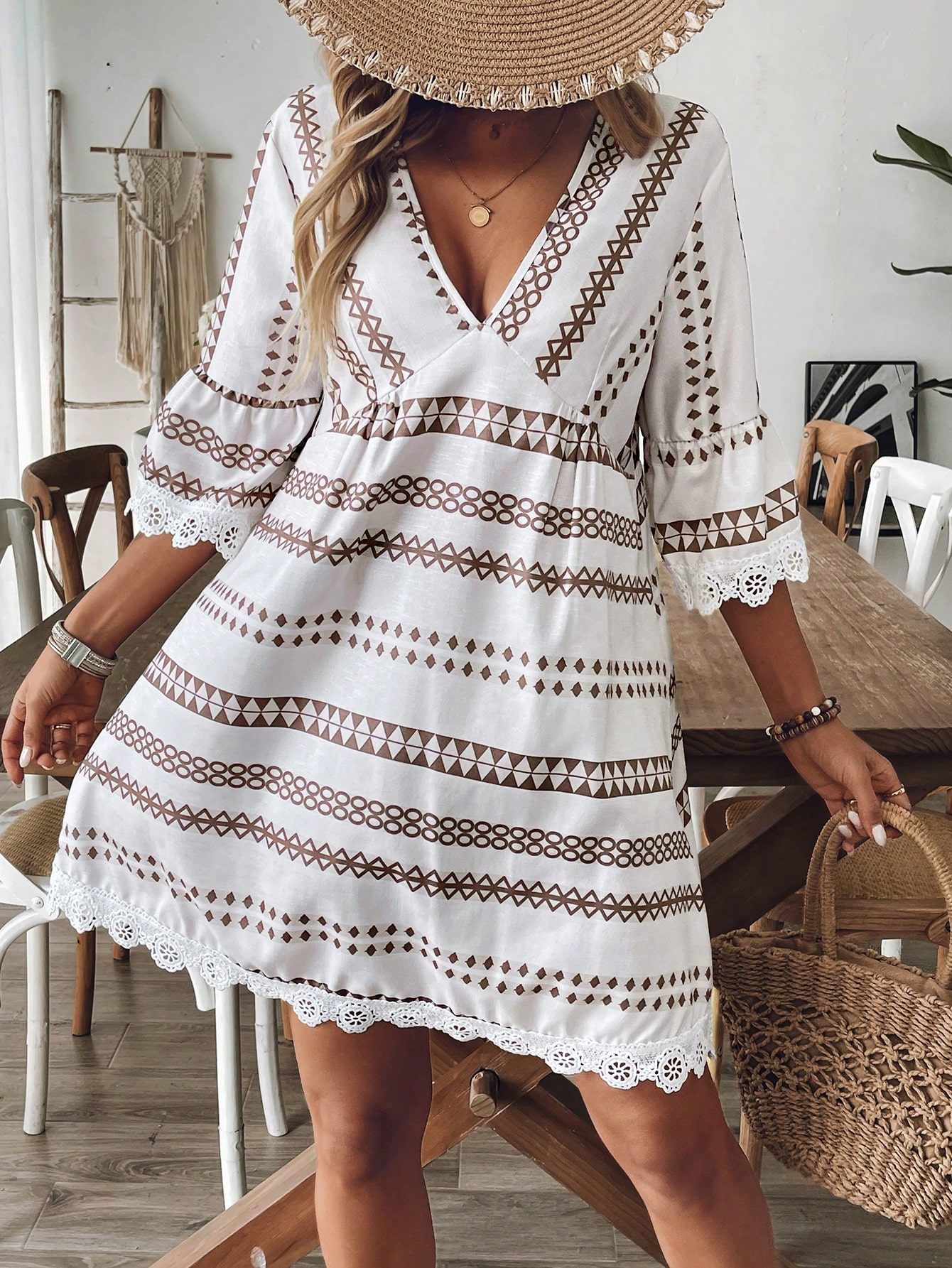 Breezaya Women Striped V-Neck Geometric Pattern Sexy Casual Vacation Khaki Long Sleeve Dress, Elegant For Party