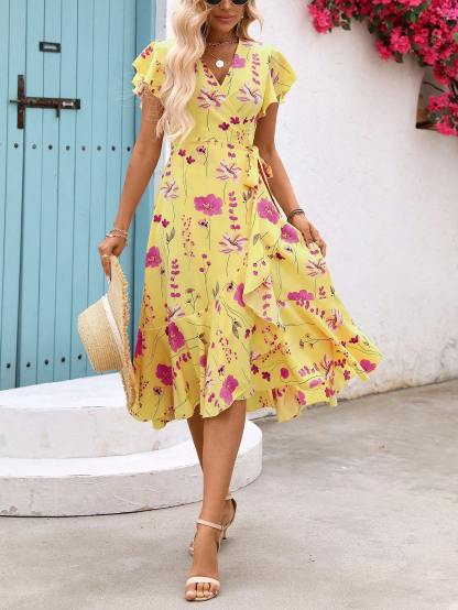 Breezaya Women's Floral Printed Wrap Style Midi Dress Maxi Women Outfit
