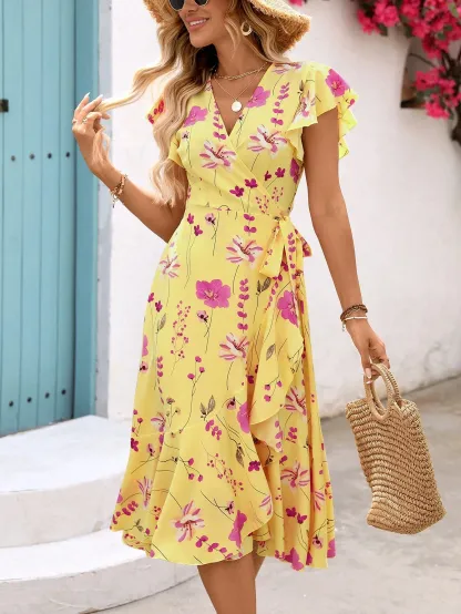 Breezaya Women's Floral Printed Wrap Style Midi Dress Maxi Women Outfit