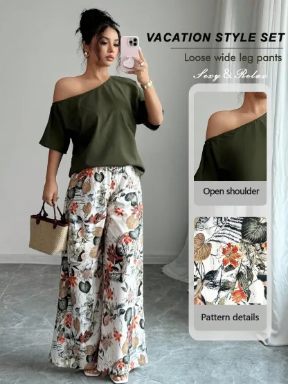 Women Summer Casual Solid Color Asymmetrical Shoulder Top And Floral Print Pants Set