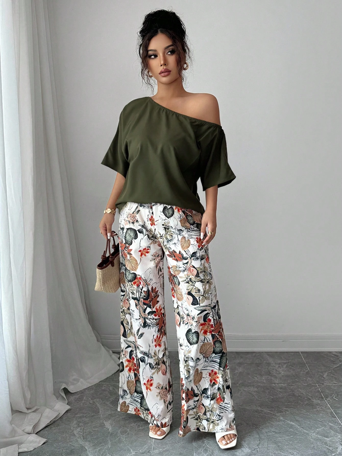 Women Summer Casual Solid Color Asymmetrical Shoulder Top And Floral Print Pants Set