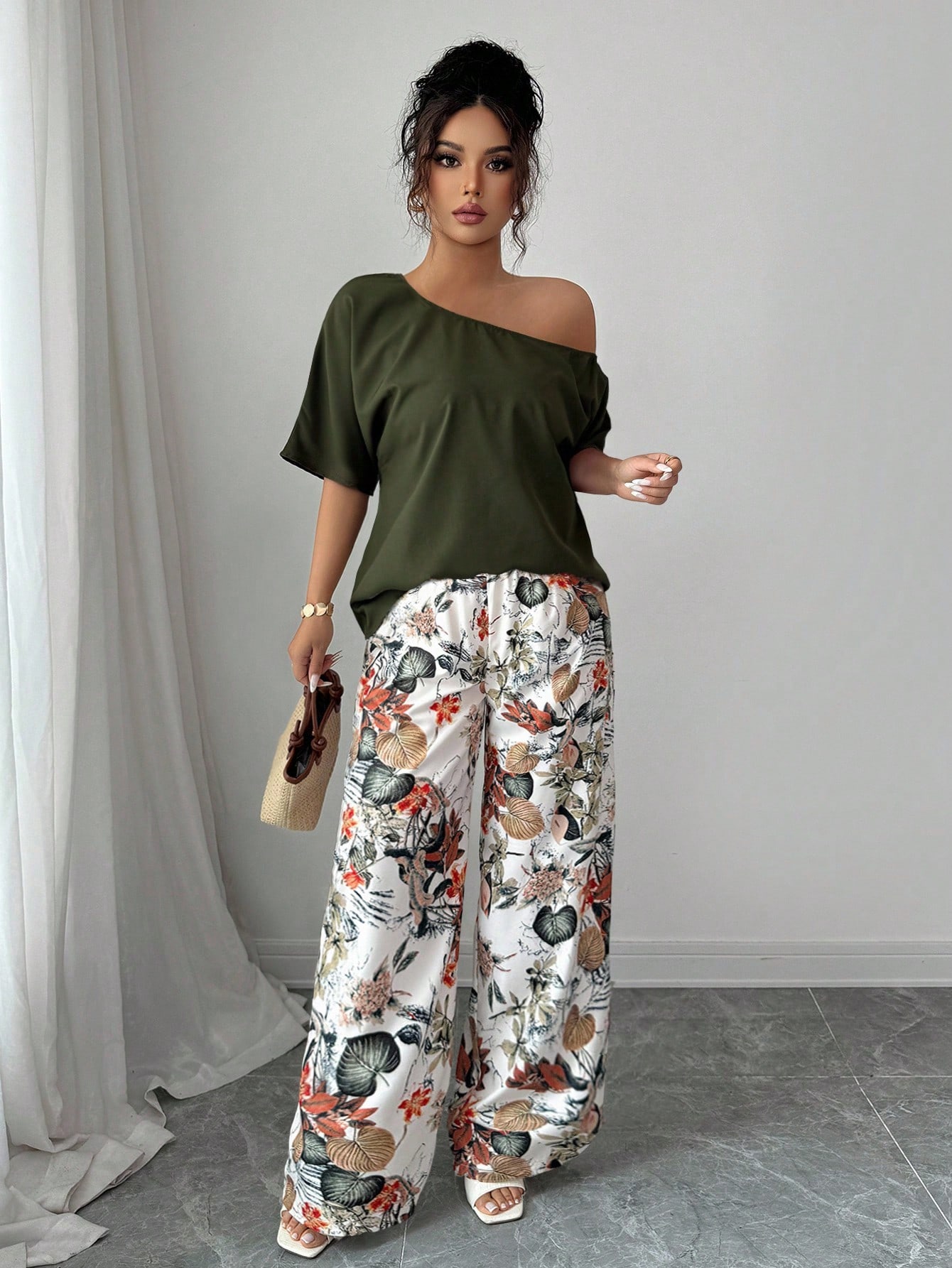 Women Summer Casual Solid Color Asymmetrical Shoulder Top And Floral Print Pants Set