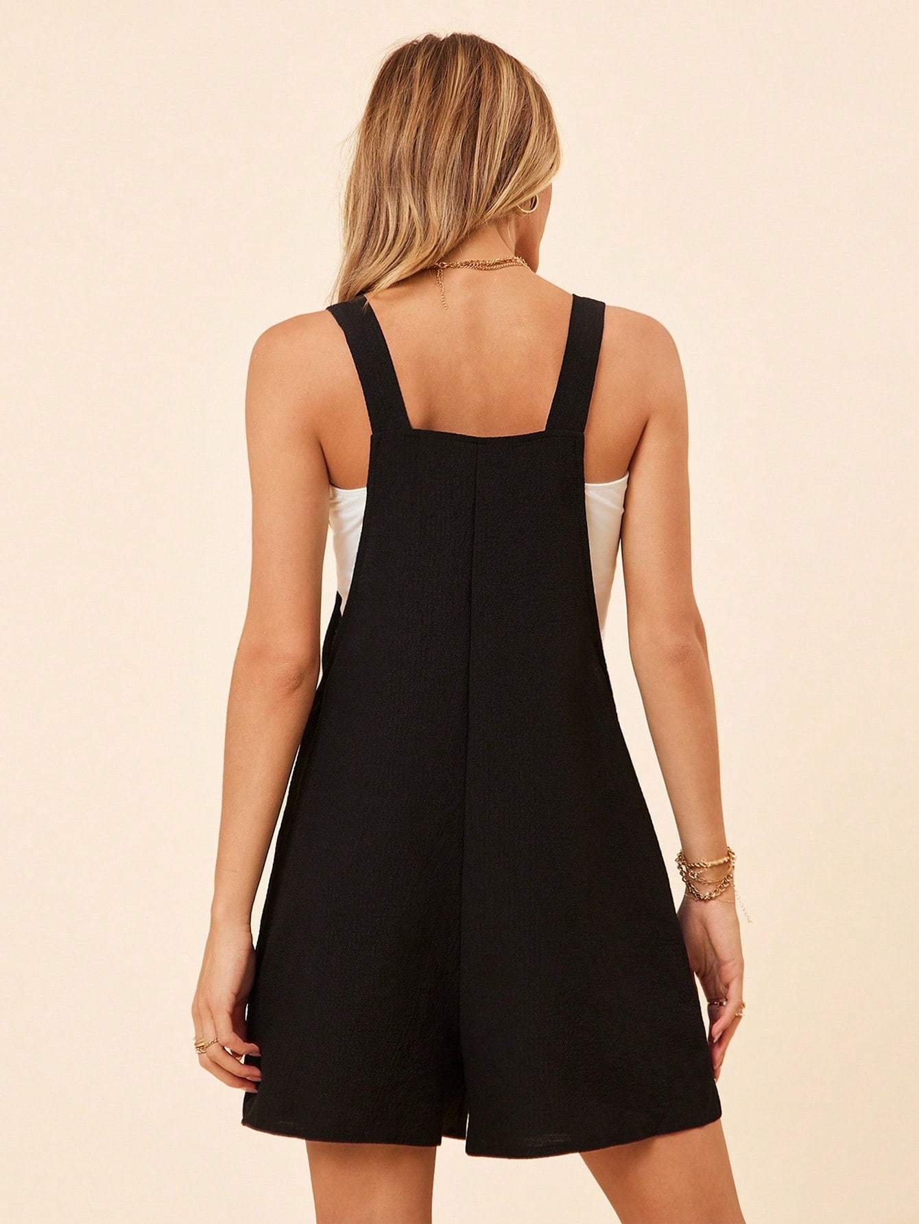 Women's Solid Color Wide Strap Pockets Simple Casual Romper