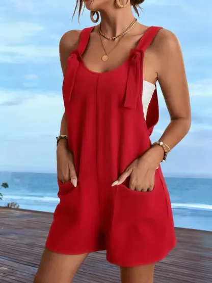 Women's Solid Color Wide Strap Pockets Simple Casual Romper