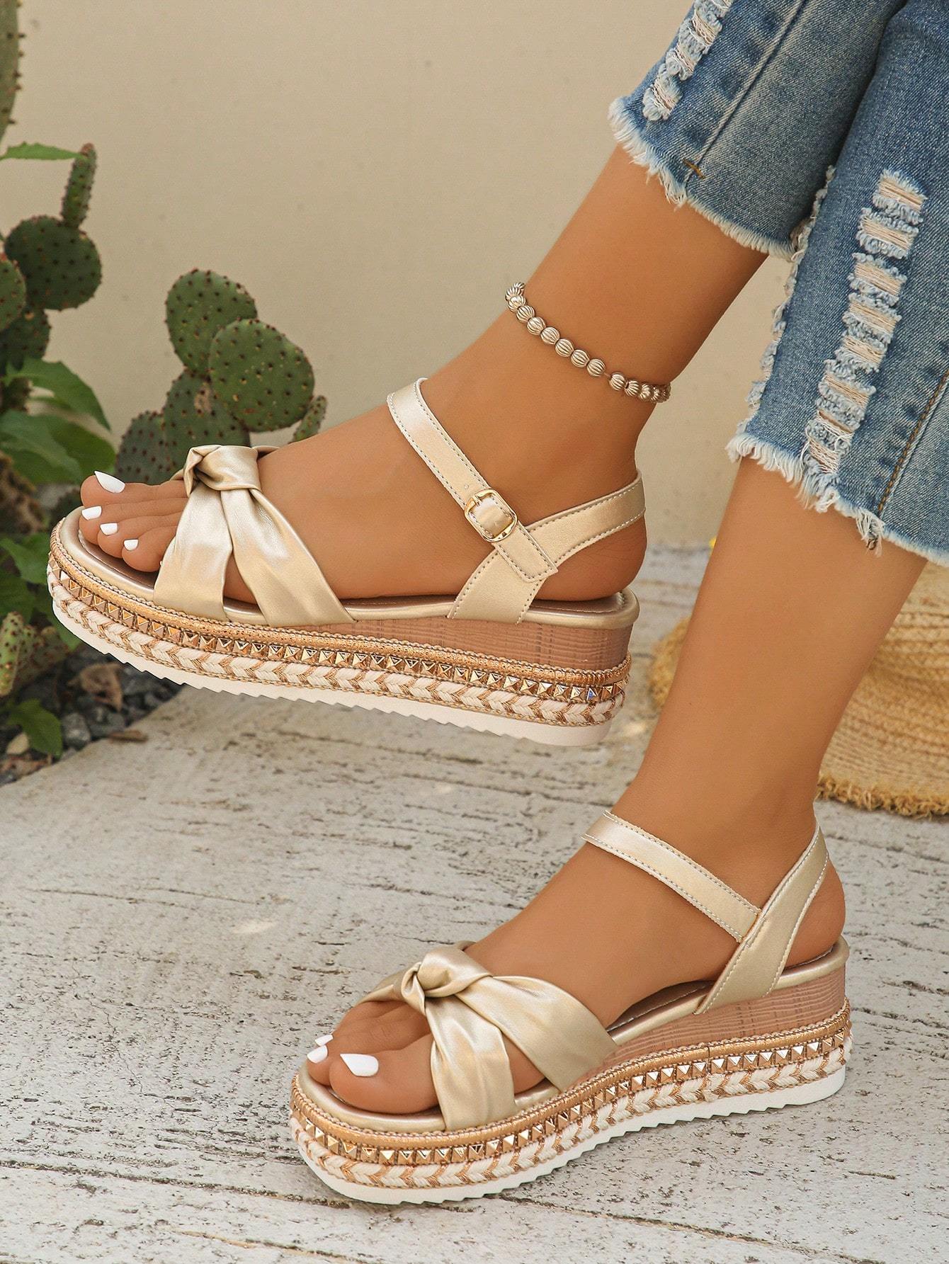 2026 Summer New Fashion Rivet Decor Ankle Strap One-Buckle Wedge Sandals