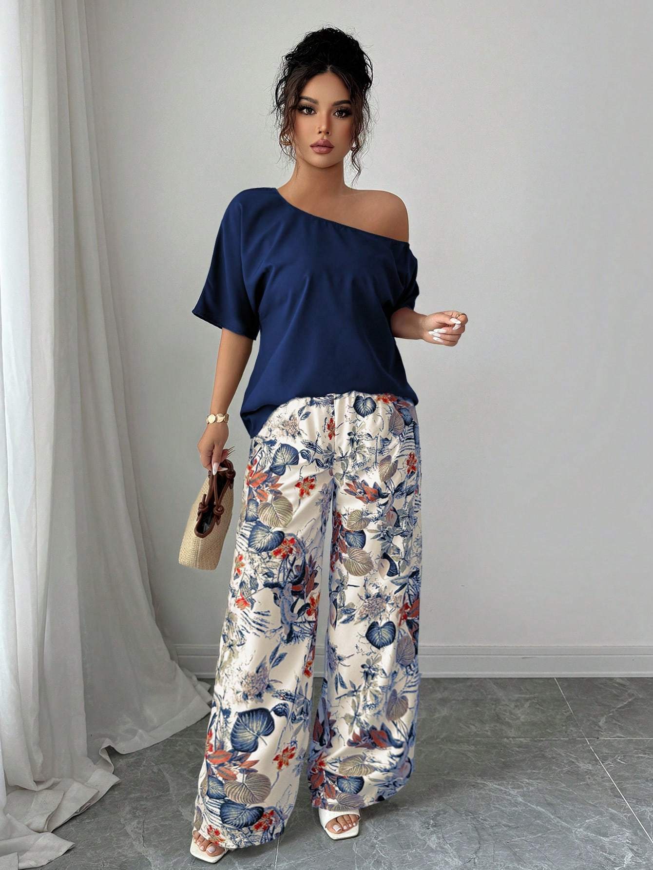 Women Summer Casual Solid Color Asymmetrical Shoulder Top And Floral Print Pants Set