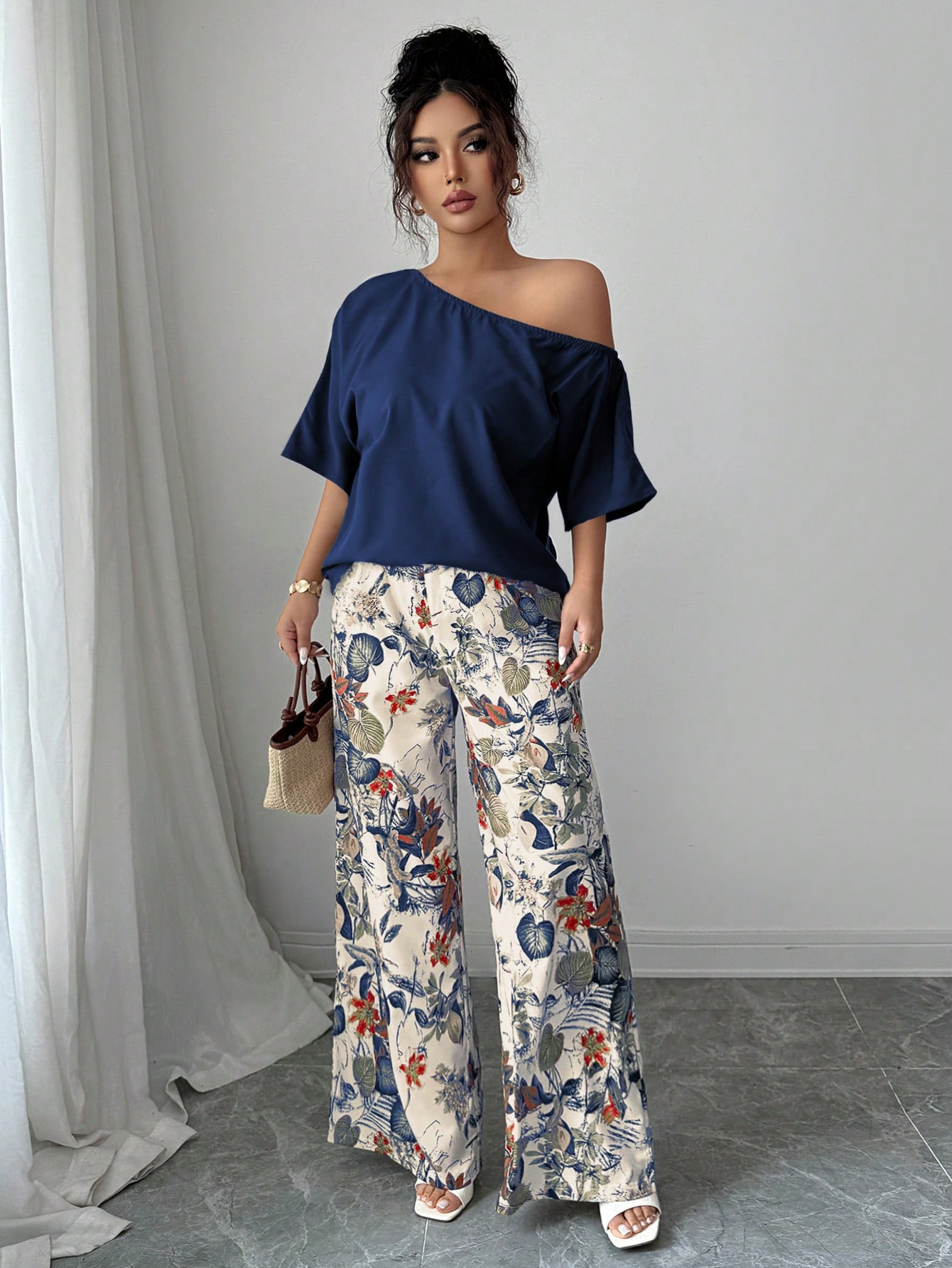 Women Summer Casual Solid Color Asymmetrical Shoulder Top And Floral Print Pants Set