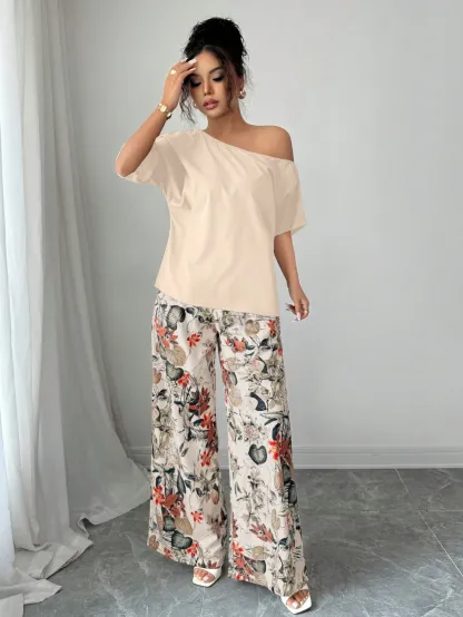 Women Summer Casual Solid Color Asymmetrical Shoulder Top And Floral Print Pants Set