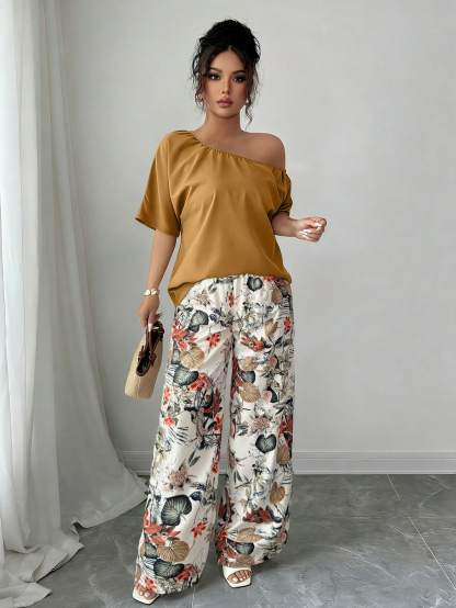Women Summer Casual Solid Color Asymmetrical Shoulder Top And Floral Print Pants Set