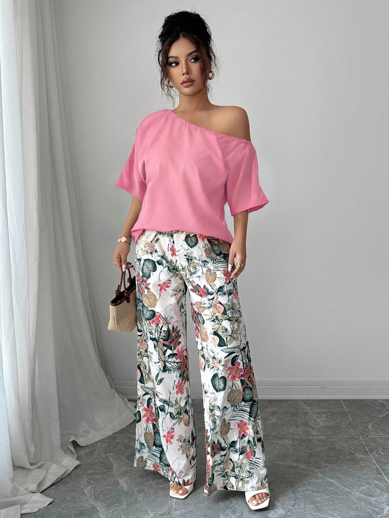 Women Summer Casual Solid Color Asymmetrical Shoulder Top And Floral Print Pants Set