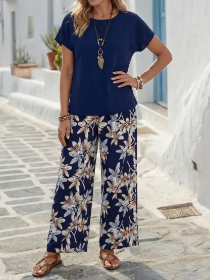 Faunlyn Women Solid Color Round Neck Short Sleeve Top And Flower Print Wide Leg Pants Set For Summer Two Pieces Outfits