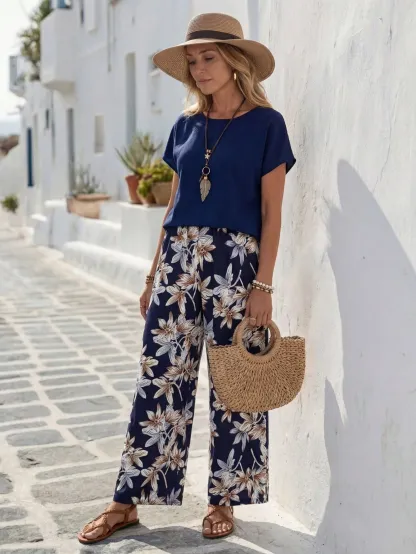 Faunlyn Women Solid Color Round Neck Short Sleeve Top And Flower Print Wide Leg Pants Set For Summer Two Pieces Outfits