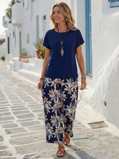 Faunlyn Women Solid Color Round Neck Short Sleeve Top And Flower Print Wide Leg Pants Set For Summer Two Pieces Outfits