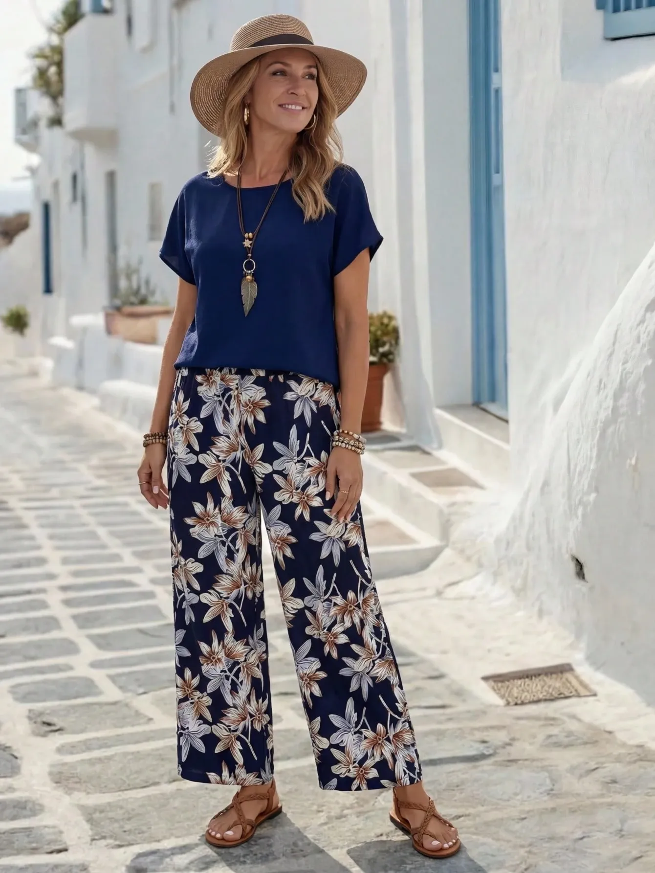 Faunlyn Women Solid Color Round Neck Short Sleeve Top And Flower Print Wide Leg Pants Set For Summer Two Pieces Outfits