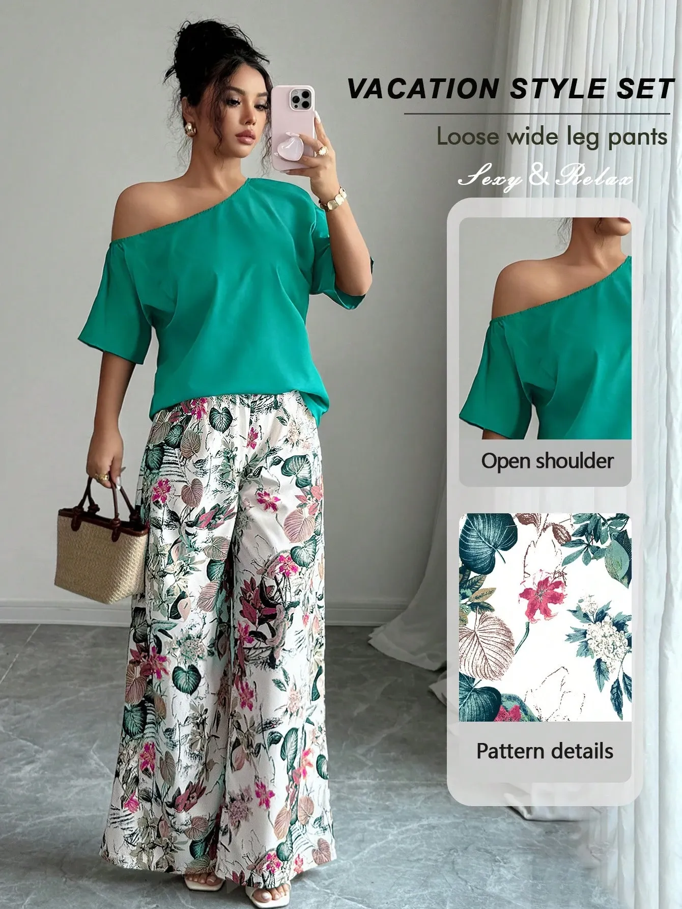 Women Summer Casual Solid Color Asymmetrical Shoulder Top And Floral Print Pants Set