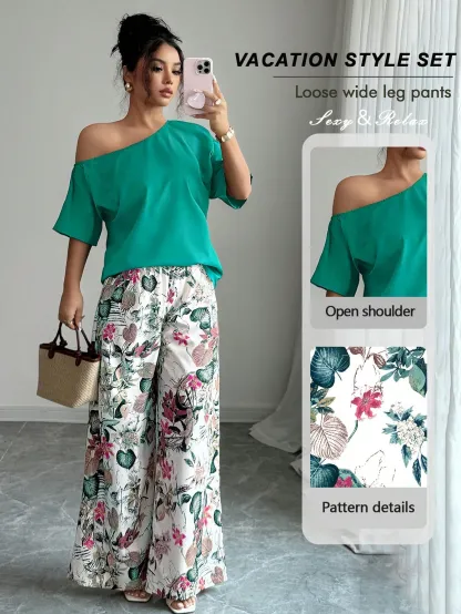 Women Summer Casual Solid Color Asymmetrical Shoulder Top And Floral Print Pants Set