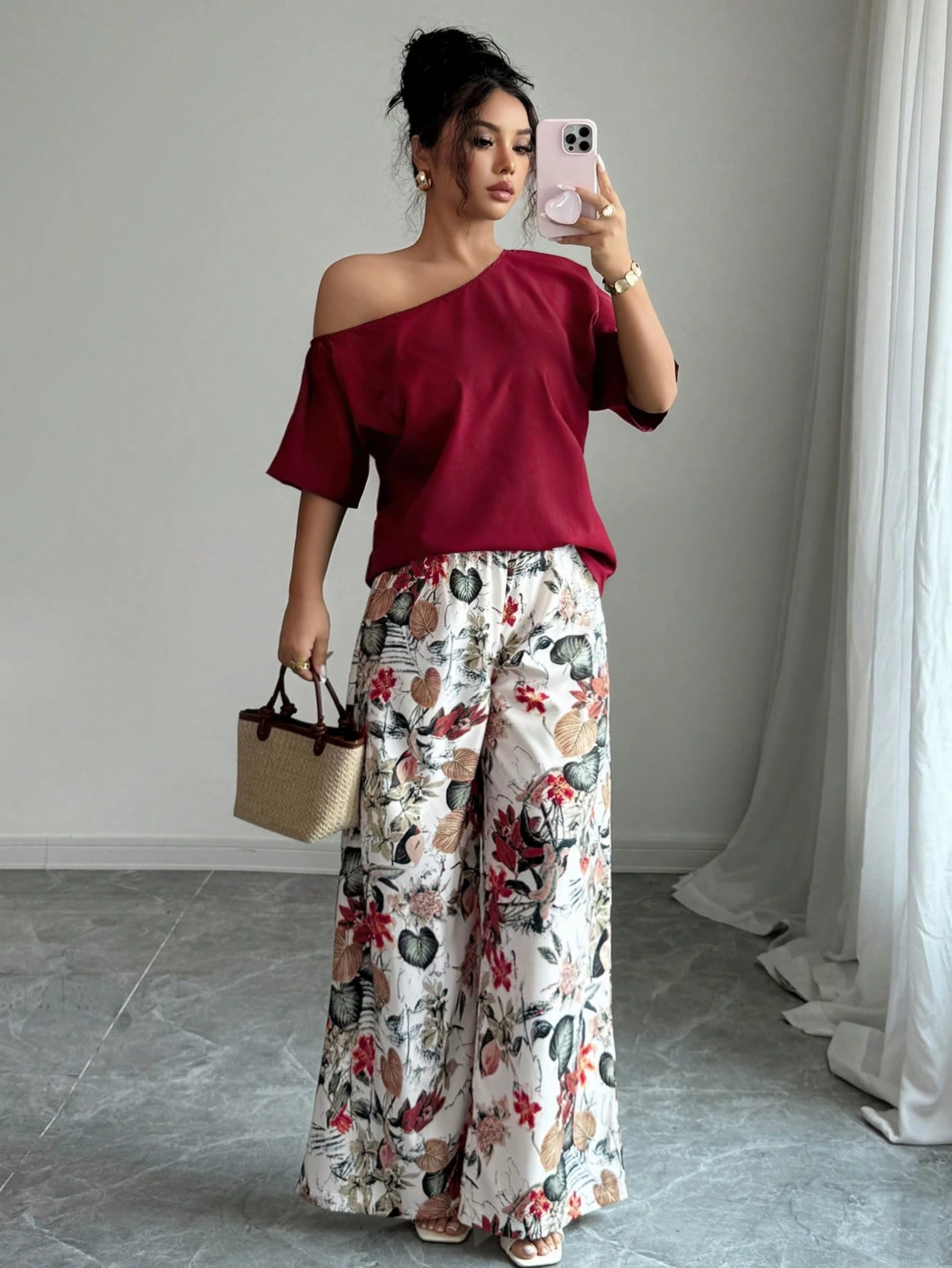 Women Summer Casual Solid Color Asymmetrical Shoulder Top And Floral Print Pants Set