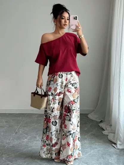 Women Summer Casual Solid Color Asymmetrical Shoulder Top And Floral Print Pants Set