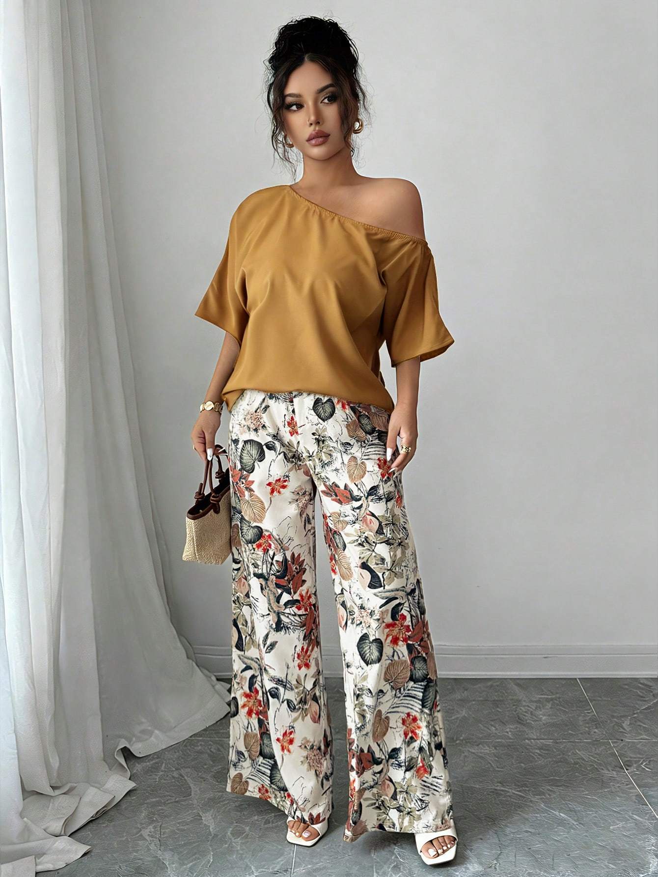 Women Summer Casual Solid Color Asymmetrical Shoulder Top And Floral Print Pants Set