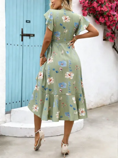 Breezaya Women's Floral Printed Wrap Style Midi Dress Maxi Women Outfit