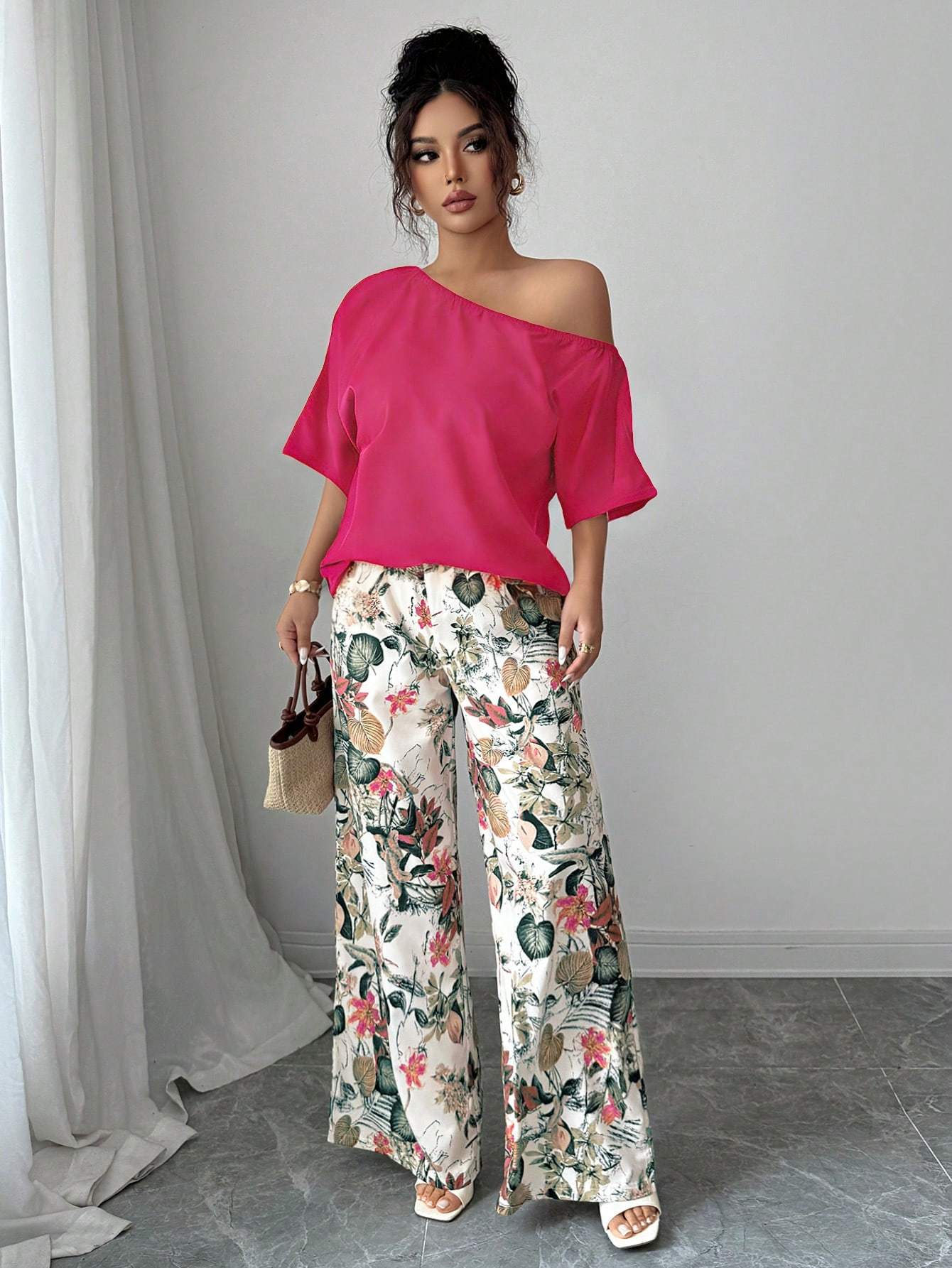 Women Summer Casual Solid Color Asymmetrical Shoulder Top And Floral Print Pants Set
