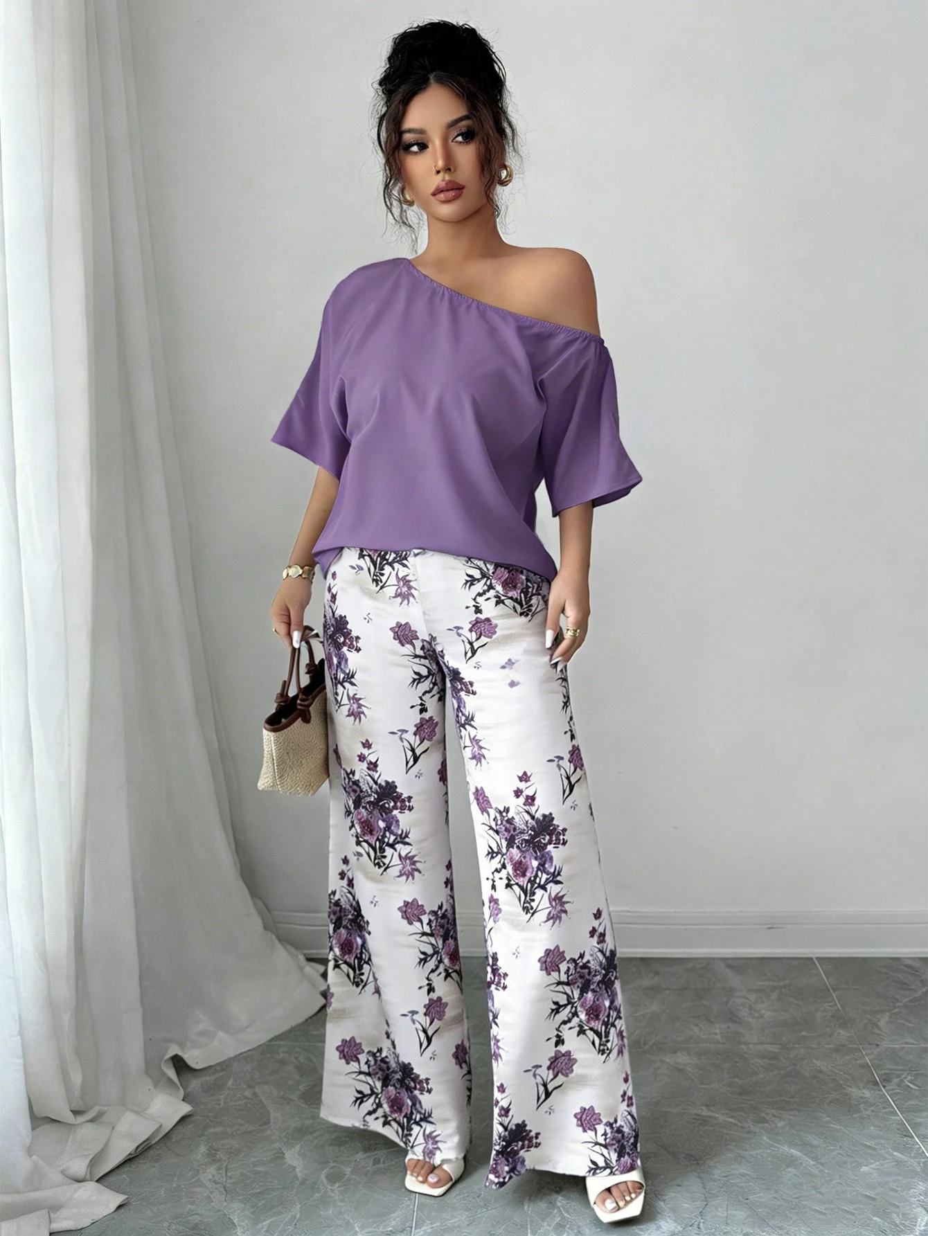 Women Summer Casual Solid Color Asymmetrical Shoulder Top And Floral Print Pants Set