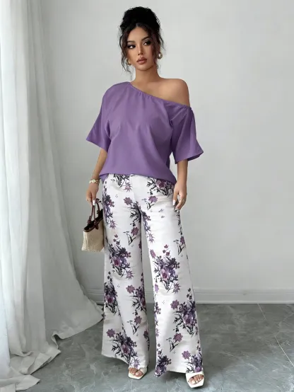 Women Summer Casual Solid Color Asymmetrical Shoulder Top And Floral Print Pants Set