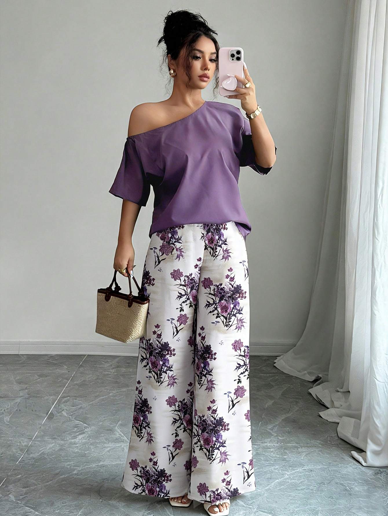 Women Summer Casual Solid Color Asymmetrical Shoulder Top And Floral Print Pants Set
