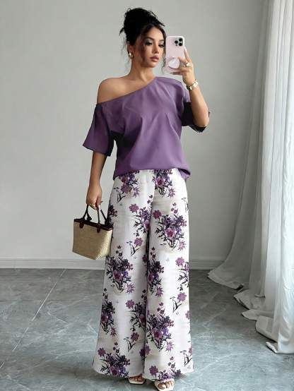 Women Summer Casual Solid Color Asymmetrical Shoulder Top And Floral Print Pants Set