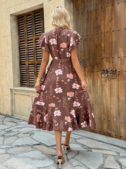 Breezaya Women's Floral Printed Wrap Style Midi Dress Maxi Women Outfit
