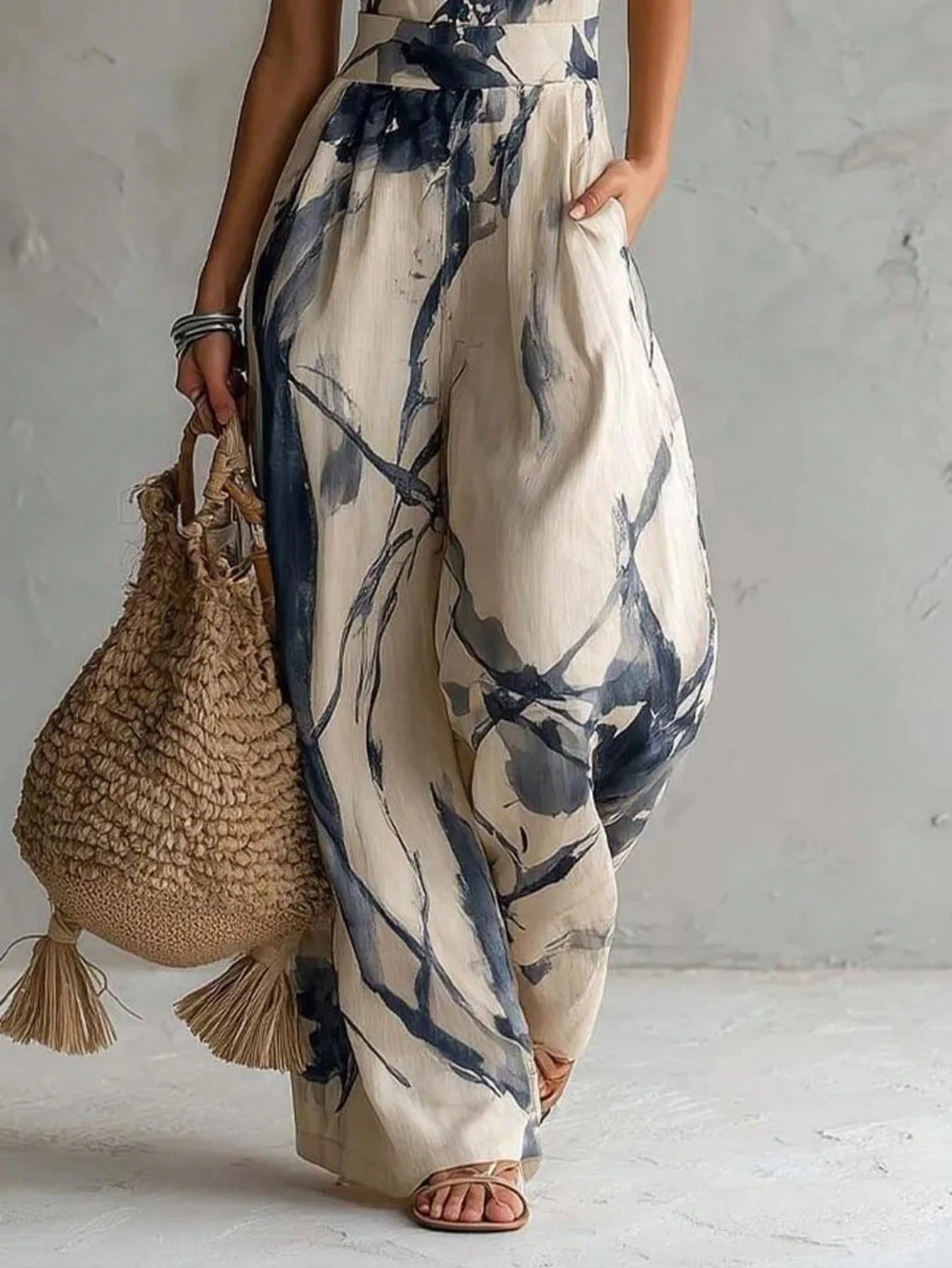 Women Boho Vacation Halter Sleeveless Cut Out Long Wide Leg Jumpsuit