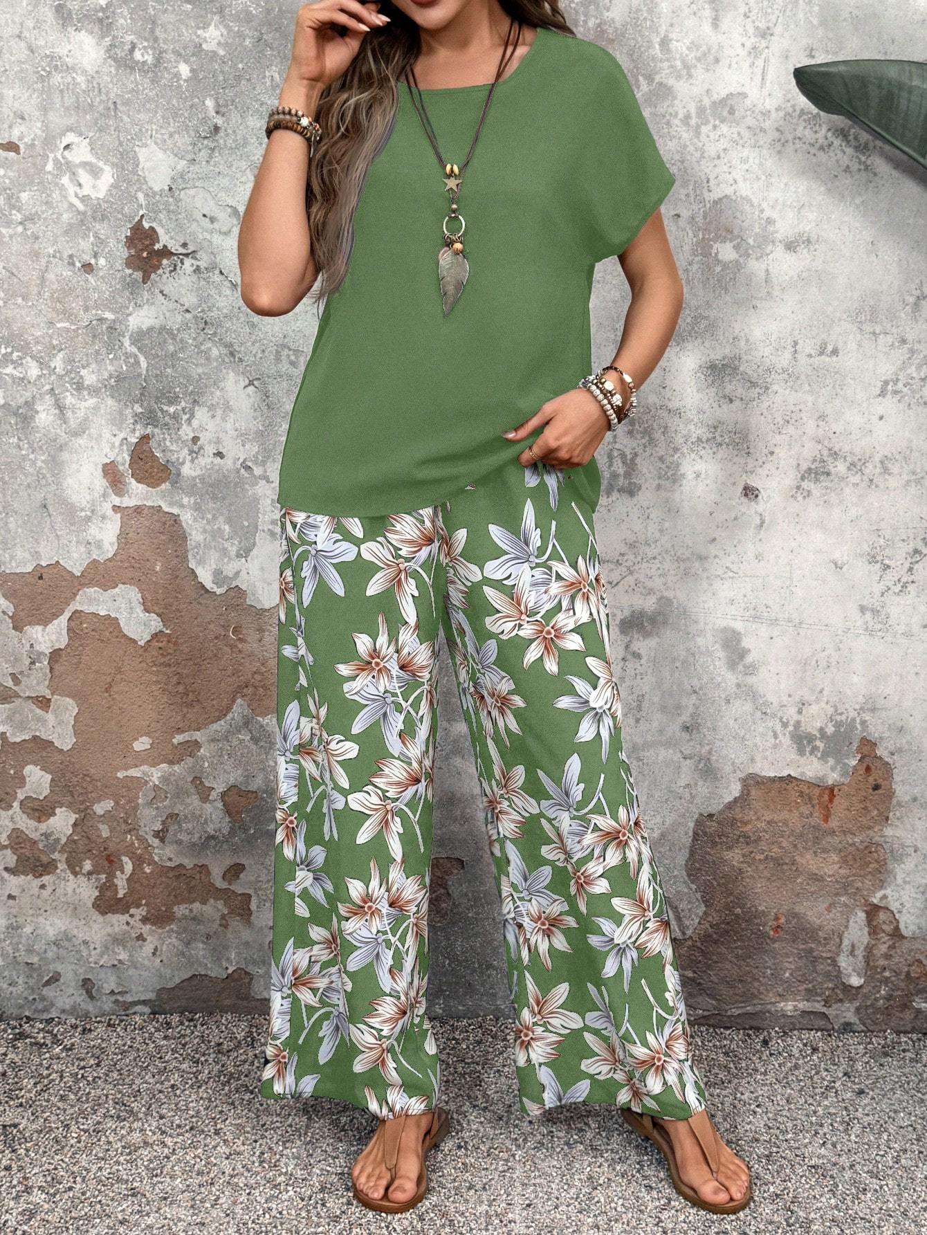 Faunlyn Women Solid Color Round Neck Short Sleeve Top And Flower Print Wide Leg Pants Set For Summer Two Pieces Outfits
