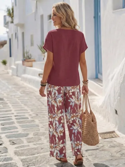 Faunlyn Women Solid Color Round Neck Short Sleeve Top And Flower Print Wide Leg Pants Set For Summer Two Pieces Outfits