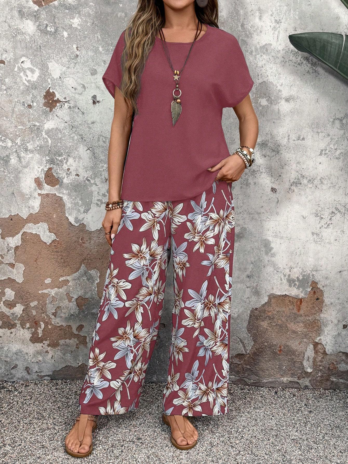Faunlyn Women Solid Color Round Neck Short Sleeve Top And Flower Print Wide Leg Pants Set For Summer Two Pieces Outfits