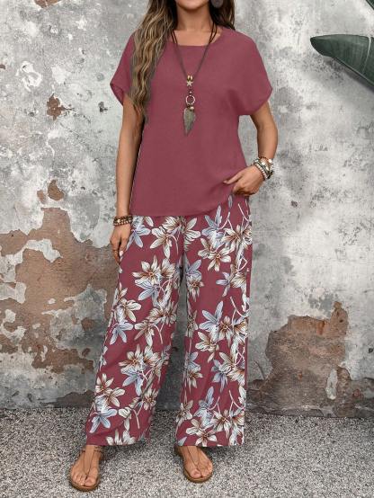 Faunlyn Women Solid Color Round Neck Short Sleeve Top And Flower Print Wide Leg Pants Set For Summer Two Pieces Outfits