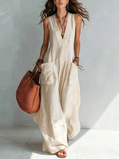 Solid Color V-Neck Temperament Loose European And American Style Big Pocket Jumpsuit