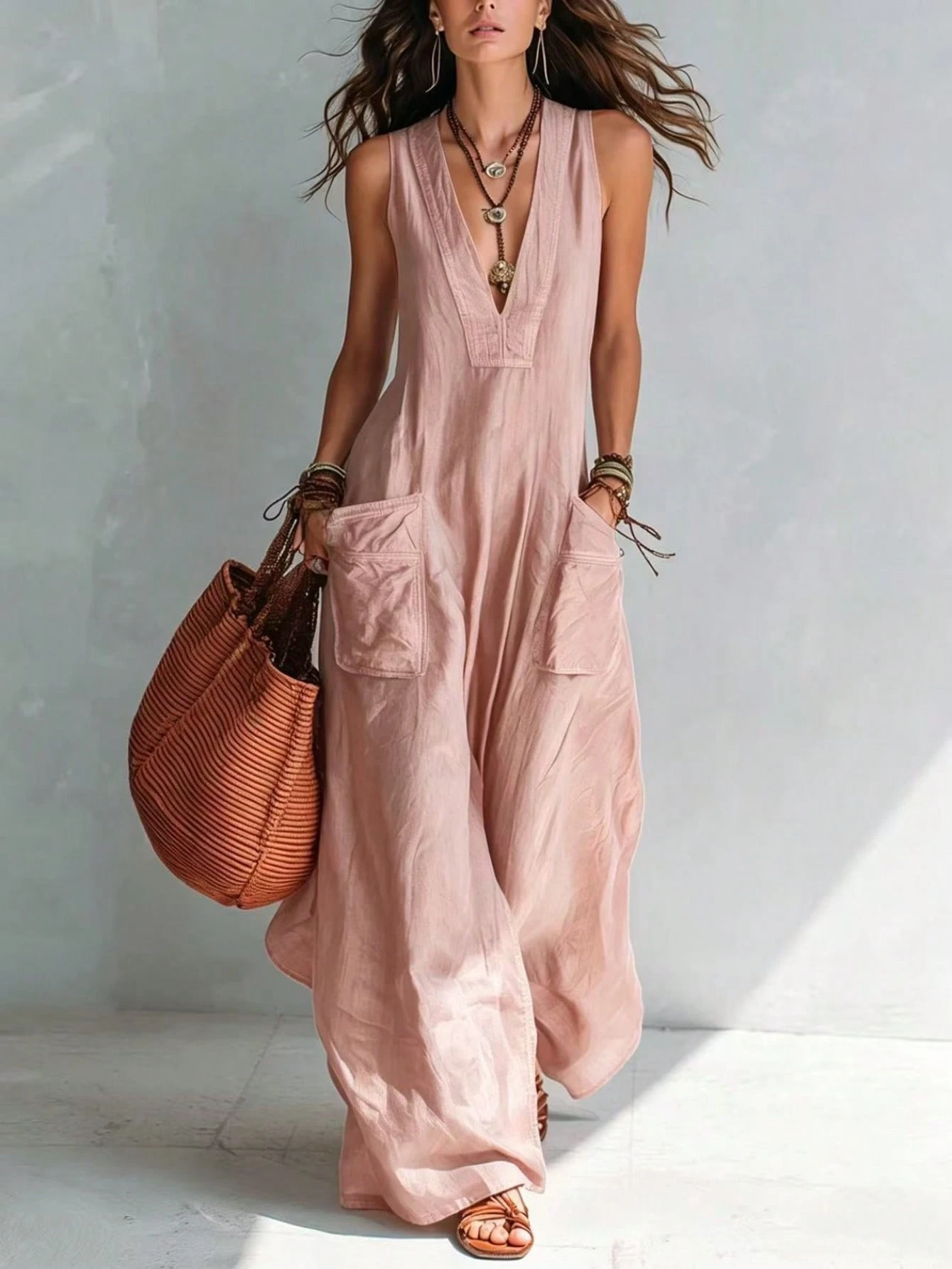 Solid Color V-Neck Temperament Loose European And American Style Big Pocket Jumpsuit