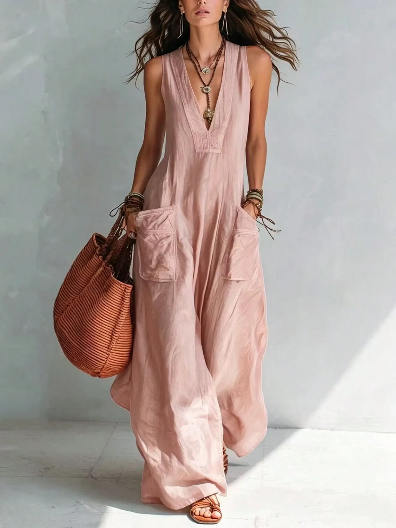 Solid Color V-Neck Temperament Loose European And American Style Big Pocket Jumpsuit