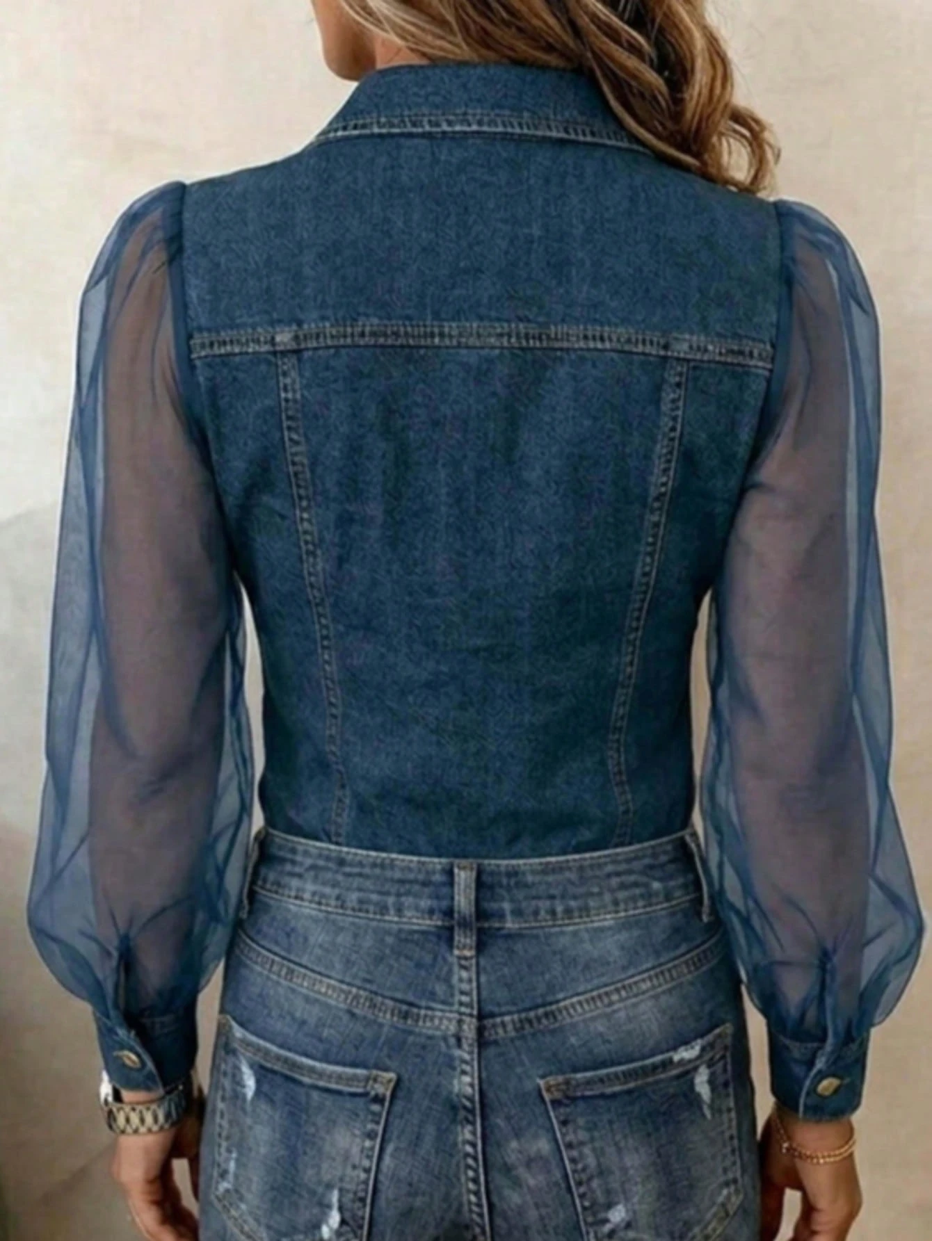 Women's Denim Fabric & Mesh Patchwork Shirt