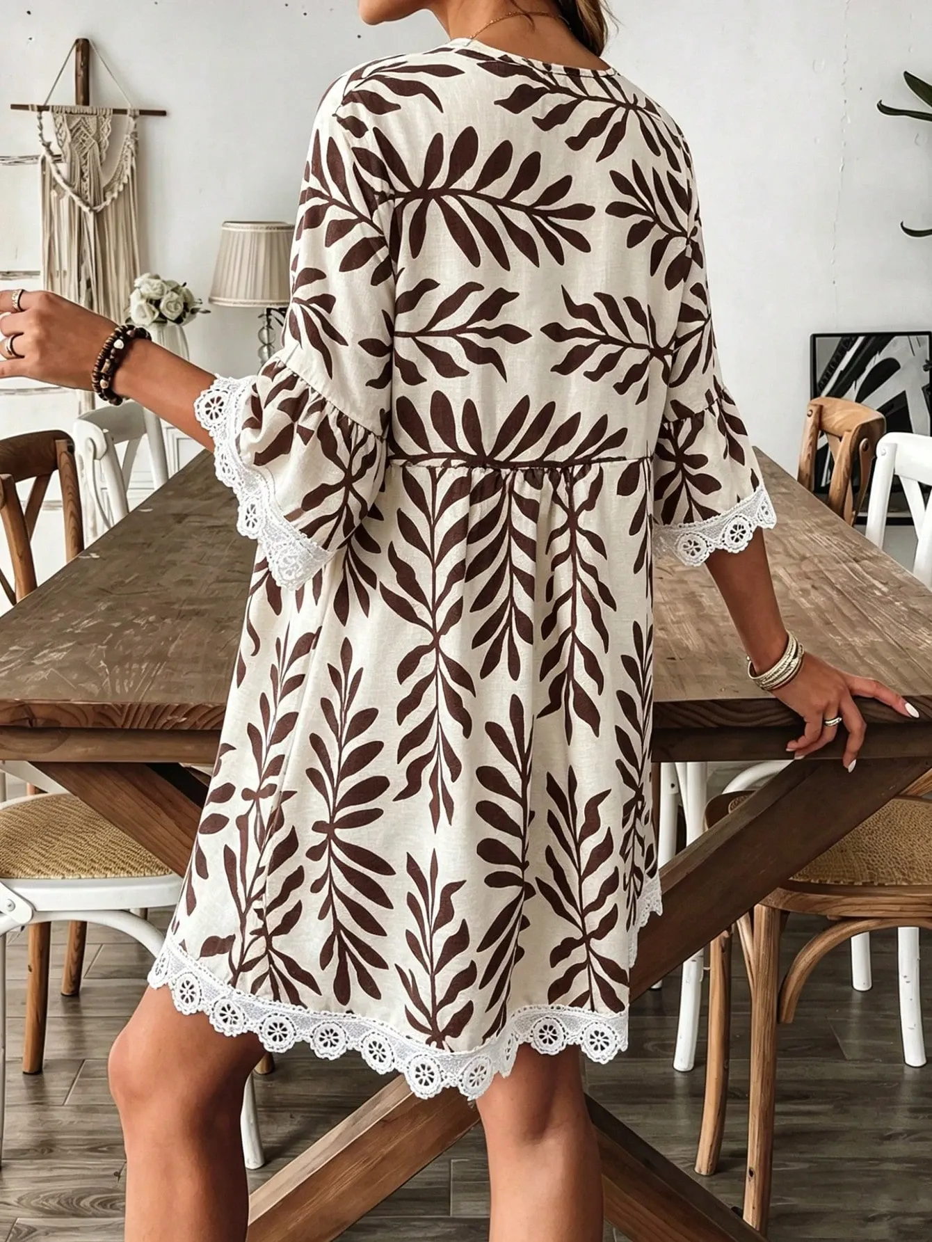 Breezaya Women Striped V-Neck Geometric Pattern Sexy Casual Vacation Khaki Long Sleeve Dress, Elegant For Party
