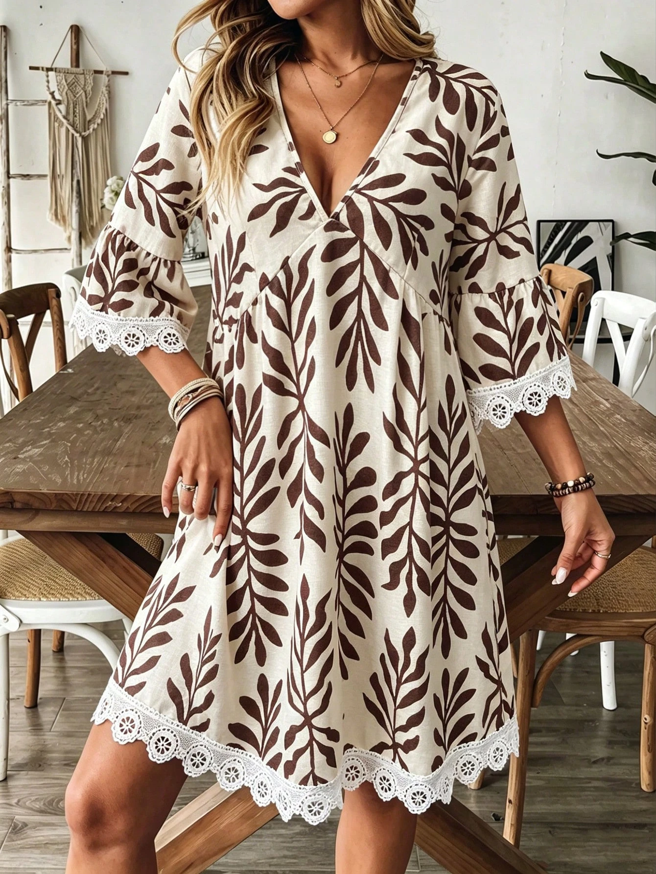 Breezaya Women Striped V-Neck Geometric Pattern Sexy Casual Vacation Khaki Long Sleeve Dress, Elegant For Party