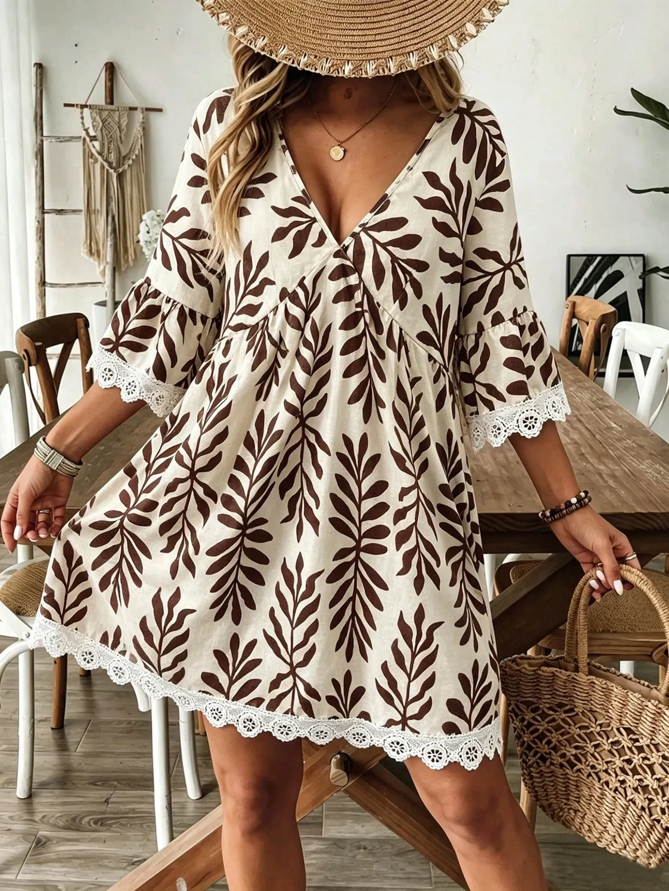 Breezaya Women Striped V-Neck Geometric Pattern Sexy Casual Vacation Khaki Long Sleeve Dress, Elegant For Party