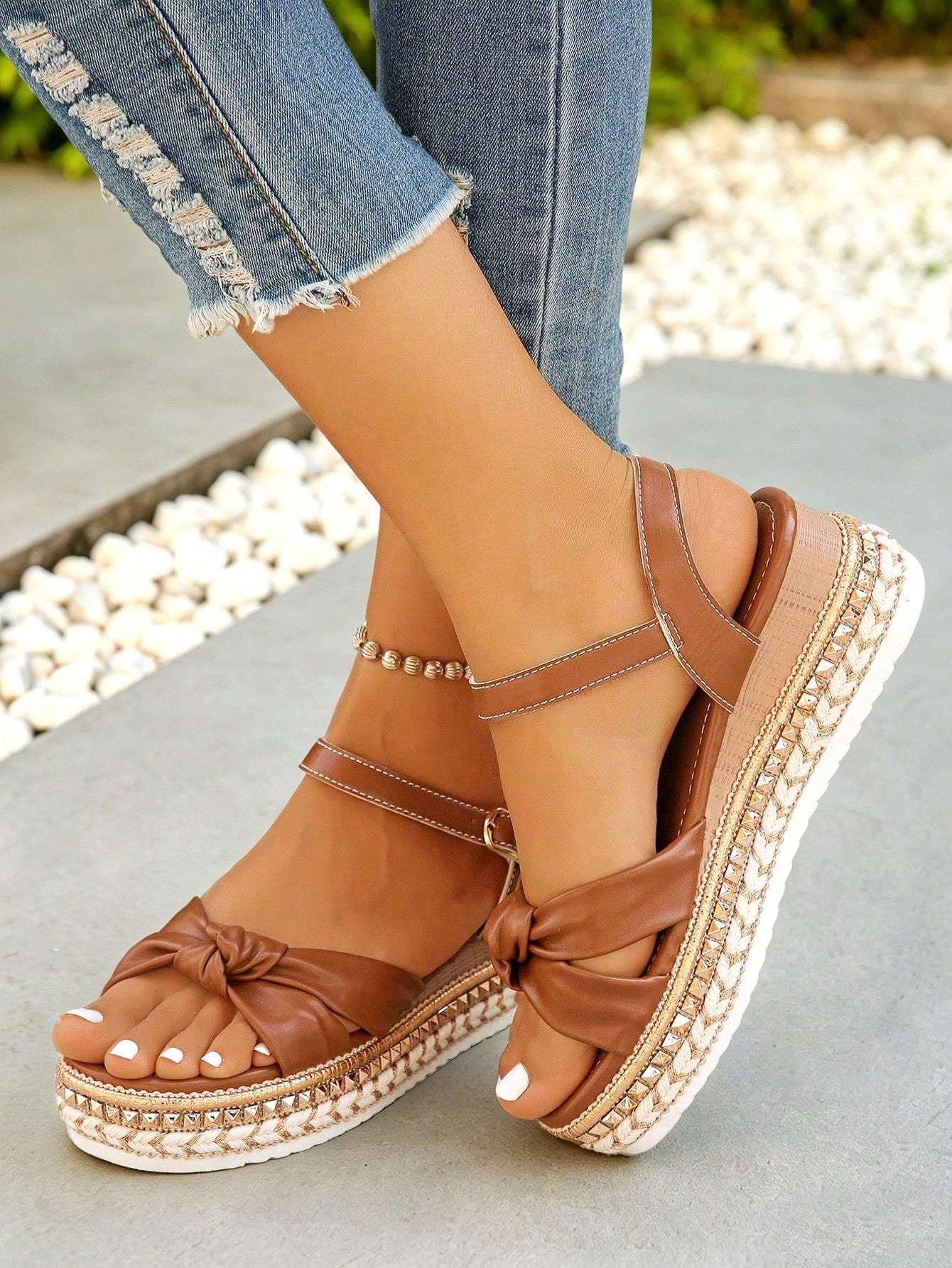2026 Summer New Fashion Rivet Decor Ankle Strap One-Buckle Wedge Sandals