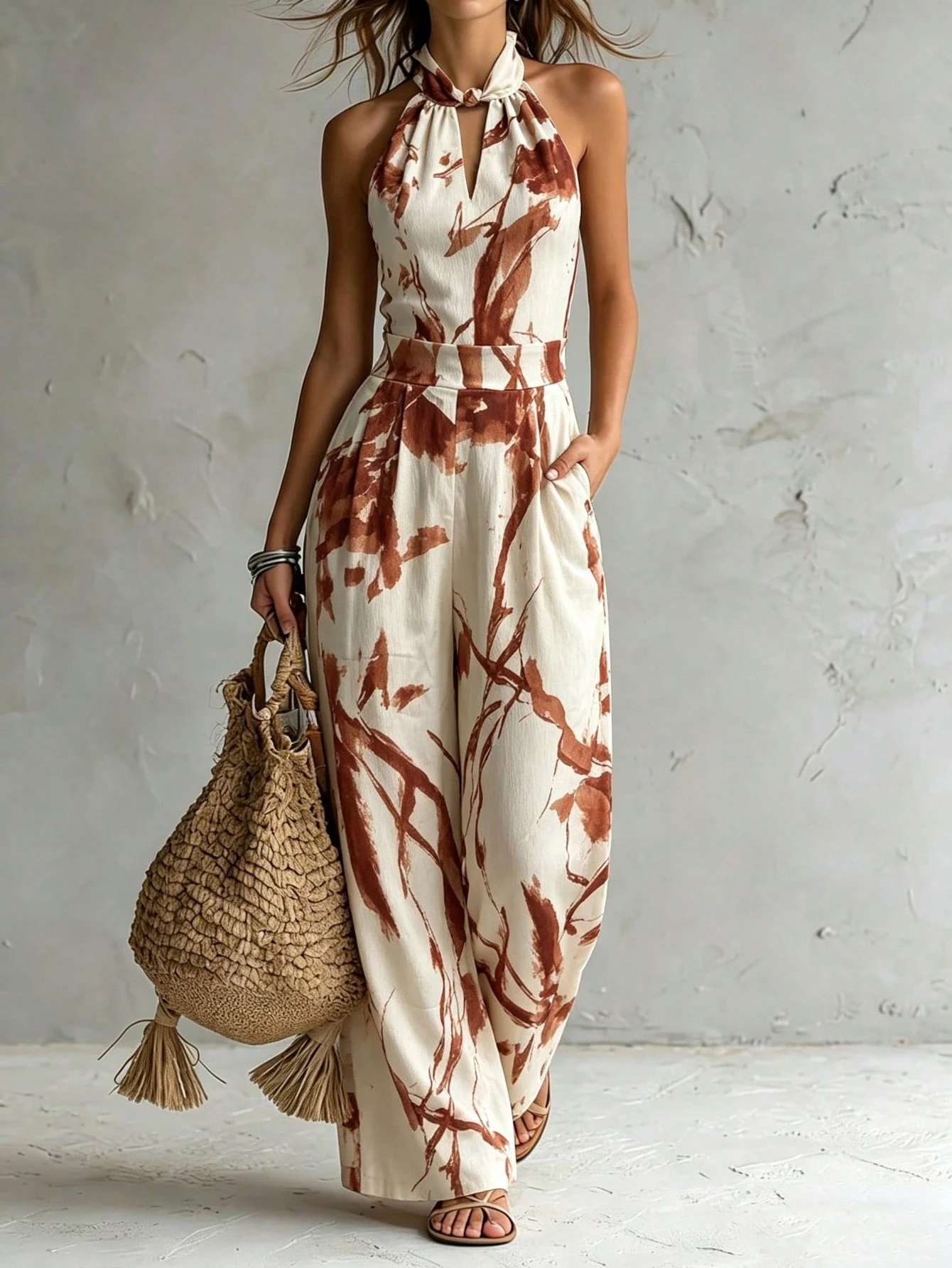 Women Boho Vacation Halter Sleeveless Cut Out Long Wide Leg Jumpsuit