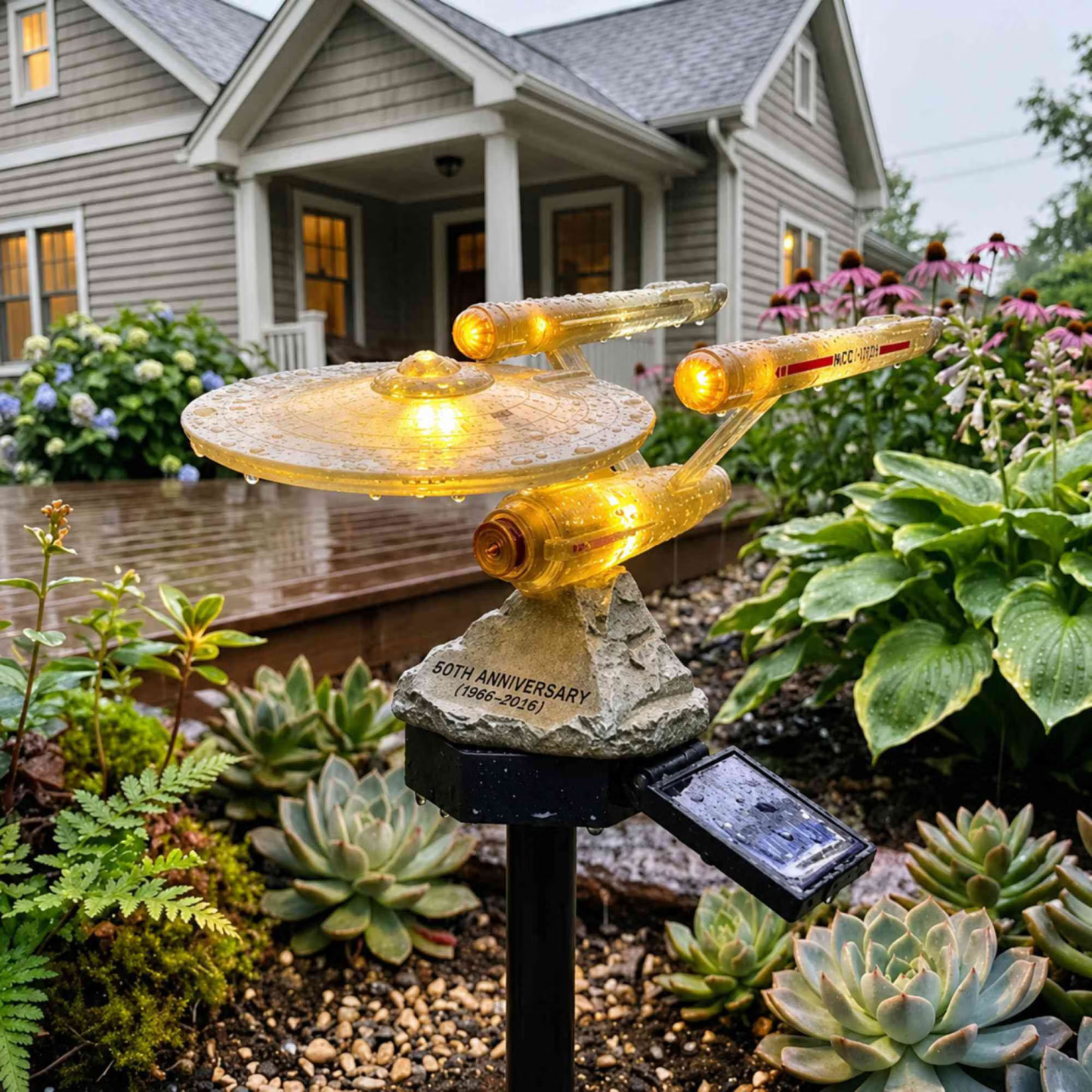 60th Anniversary Solar Garden Stake Light, Sci-Fi Spaceship Inspired Outdoor LED Yard Decor, Collectible Solar Pathway Lamp, Gift for Fans