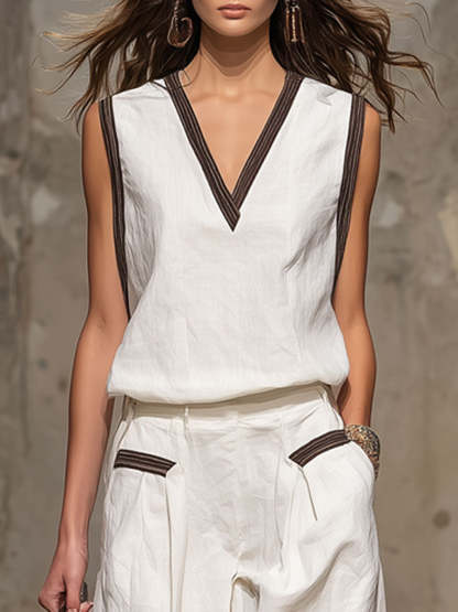 Casual Retro Brown-trimmed White Cotton Linen Sleeveless Top And Pants Set