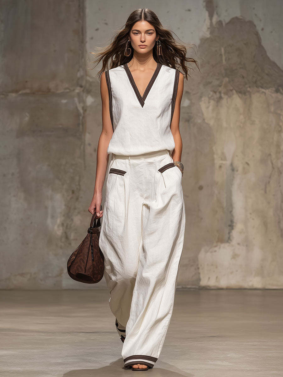 Casual Retro Brown-trimmed White Cotton Linen Sleeveless Top And Pants Set