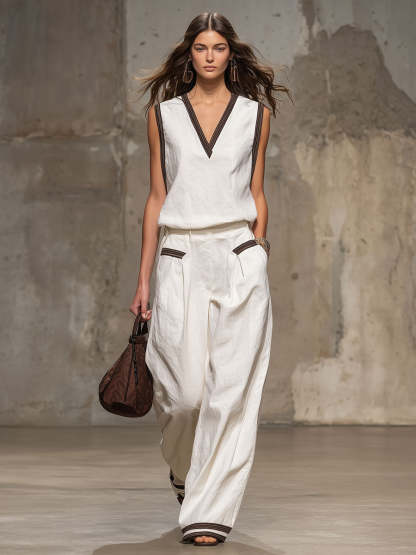 Casual Retro Brown-trimmed White Cotton Linen Sleeveless Top And Pants Set