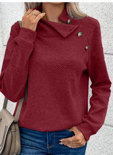 Women's Textured Pullover Sweatshirt Patchwork Buttons Vintage Long Sleeve High Neck Long Tops