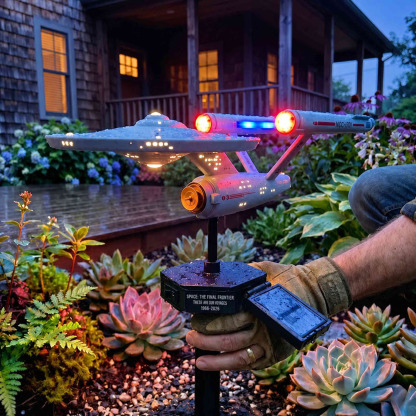 60th Anniversary Solar Garden Stake Light, Sci-Fi Spaceship Inspired Outdoor LED Yard Decor, Collectible Solar Pathway Lamp, Gift for Fans